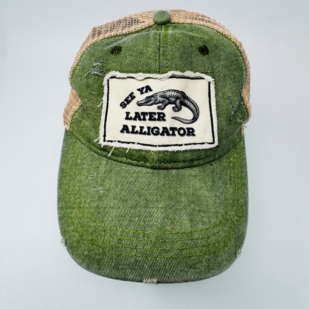 Brief Insanity See Ya Later Alligator Green Distressed Mesh Trucker Hat Snapback